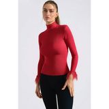 Armonika Kadın Kırmızı Balıkçı Yaka Kolucu Tüylü Triko Kazak ARM-26K136038 - M - L