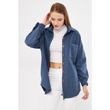 Armonika Kadın Koyu Mavi Oversize Gömlek Günlük Stil Cepli Dokuma ARM-22Y001156