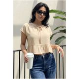 armonika Kadın Krem Yarasa Kol Yakası Bağlamalı Eteği Fırfırlı Oversize Crop Bluz ARM-24Y001088