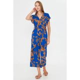 Armonika Kadın Mavi-Bej Kruvaze Beli Kemerli Tulum ARM-20Y042008 - Mavi - Bej - S