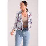 Armonika Kadın Mavi-Fuşya Kruvaze Yaka Tüvit Crop Ceket ARM-24K001014 - S - Mavi - Fuşya