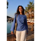 armonika Kadın Mavi Kayık Yaka Yanları Büzgülü Arkası İp Detaylı Bluz ARM-26K001085