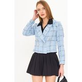 Armonika Kadın Mavi-Siyah Kruvaze Yaka Tüvit Crop Ceket ARM-24K001014 - XL - Mavi - Siyah