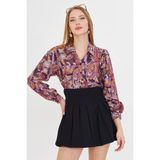 Armonika Kadın Mor V Yaka Balon Kol Desenli Gömlek ARM-25Y001016 - XL
