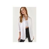 Armonika Kadın Oversize Uzun Basic Gömlek Beyaz Günlük Stil Düz Desen Dokuma Kumaş - XL