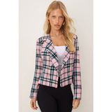 Armonika Kadın Pembe-Yeşil Kruvaze Yaka Tüvit Crop Ceket ARM-24K001014 - Pembe - Yeşil