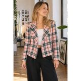 armonika Kadın Pembe-Yeşil Kruvaze Yaka Tüvit Crop Ceket ARM-24K001014