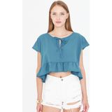 armonika Kadın Petrol Yarasa Kol Yakası Bağlamalı Eteği Fırfırlı Oversize Crop Bluz ARM-24Y001088