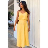 armonika Kadın Sarı Askılı V Yaka Beli Lastikli Midi Boy Desenli Kloş Elbise ARM-26Y001134