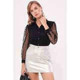 Armonika Kadın Siyah Kolları Tül Gömlek ARM-20K001068 Düz Desenli Dokuma Kumaş Regular Fit Stil