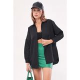 Armonika Kadın Siyah Oversize Uzun Basic Gömlek Dokuma Kumaş Günlük Stil Düz Desen