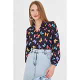 Armonika Kadın Siyah V Yaka Balon Kol Desenli Gömlek ARM-25Y001016 - XL
