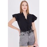 armonika Kadın Siyah Yakası Ve Kolları Fırfırlı Bluz ARM-25Y001063