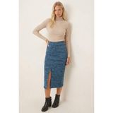 Armonika Kadın Turkuaz Önden Yırtmaçlı Beli Lastikli Midi Boy Etek ARM-26K001037 - XL