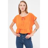 armonika Kadın Turuncu Yarasa Kol Yakası Bağlamalı Eteği Fırfırlı Oversize Crop Bluz ARM-24Y001088