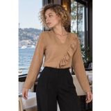 armonika Kadın Vizon V Yaka Yandan Fırfır Detaylı Uzun Kollu Bluz ARM-27K001020