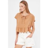 armonika Kadın Vizon Yarasa Kol Yakası Bağlamalı Eteği Fırfırlı Oversize Crop Bluz ARM-24Y001088