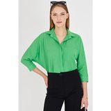 Armonika Kadın Yeşil Oversize Cepli Keten Gömlek Günlük Stil Düz Desenli Dokuma Kumaş ARM-21Y001035 Salaş
