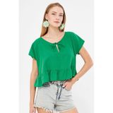 armonika Kadın Yeşil Yarasa Kol Yakası Bağlamalı Eteği Fırfırlı Oversize Crop Bluz ARM-24Y001088