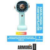 Armoris Yeni Nesil Sessiz 3 Kademeli Kablosuz 1200MAH Pervaneli Taşınabilir Şarjlı Masa El Fanı Vantilatör - Mavi