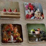 Armut Meyveler ve Çiçekler Doğal Taş Bardak Altlığı 4'lü set - Natural Stone Coasters