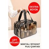 Arnee Şeffaf Çift Bölmeli Fileli Büyük Kadın Seyahat Kozmetik Bakım Plaj Makyaj Çantası Valiz Organizer