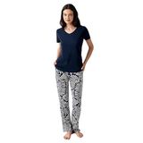 Arnetta Kadın Pijama Takımı, Lacivert, V Yaka, Kısa Kol, Zebra Desen, L Beden