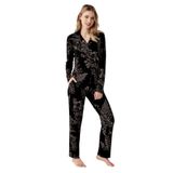 Arnetta Kadın Pijama Takımı, Siyah, Çiçek Desenli, Uzun Kol, M Beden