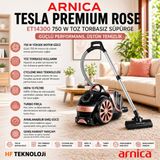 Arnica 750 Watt Tesla Premium Rose Toz Torbasız Elektrikli Süpürge - 750 watt Toz Torbasız