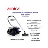 Arnica 850W Toz Torbasız Bora ET11133 Su Filtreli Süpürge, Hepa 13 Filtre, Siyah-Mor