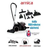 Arnica Turbo Başlık + Ekstra Mini Turbo Fırça Bora 2400W Yüksek Çekim Gücü Su Filtreli Özel Su Hazneli Sistemi ile Tozu Suya Hapseder Hepa 13 Filtreli Sulu Süpürge - Siyah