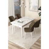 Arp Serisi 70x110 Sabit Mutfak Masası Takımı Beyaz Mermer Desen Masa 4 Kahverengi Sandalye