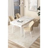 Arp Serisi 70x110 Sabit Mutfak Masası Takımı Beyaz Mermer Desen Masa 4 Krem Sandalye