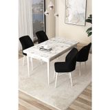 Arp Serisi 70x110 Sabit Mutfak Masası Takımı Beyaz Mermer Desen Masa 4 Siyah Sandalye