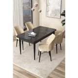 Arp Serisi 70x110 Sabit Mutfak Masası Takımı Siyah Mermer Desen Masa 4 Krem Sandalye