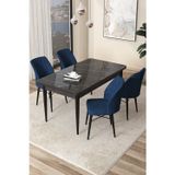 Arp Serisi 70x110 Sabit Mutfak Masası Takımı Siyah Mermer Desen Masa 4 Lacivert Sandalye