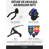 Arpeggio Arte Gitar & Ukulele Aksesuar Seti | Tuner (Akort Cihazı) + Metal Kapo + Gitar Duvar Askı Aparatı + 14 Karışık Renk Pena (0,46-0,71-0,96) - Gitar ve Ukulele Aksesuar Seti