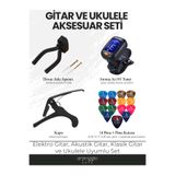 arpeggio ARTE Gitar & Ukulele Aksesuar Seti | Tuner + Kapo + Askı + 14 Pena