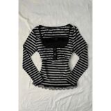 ARS Butik Çizgili Düğme Dantel Yaka Detay Uzun Kollu Crop Body