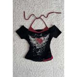 ARS Butik Siyah Rose Red Heart Ek Askılı Gotik Y2K Kısa Kollu Crop Bluz