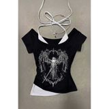 ARS Butik Sword Angel Ek Askılı Kısa Kollu İç Bodyli Siyah Bluz