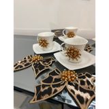 Ars Leopar Taşlı 6'lı Sunum Peçetesi ve Taşlı Porselen 6'lı Fincan Takımı Set - 10 Adet - Kahverengi - Cappuccino - Beyaz