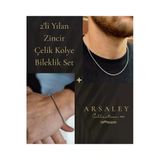 Arsaley Collection Çelik Yılan Zincir Gümüş Renk Erkek Kolye Ve Bileklik 2'Li Set