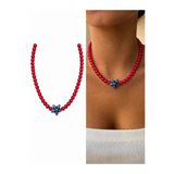 Arsaley Collection Mavi Deniz Yıldızı Charm Kırmızı Renk Yazlık Boncuk Kadın Kolye