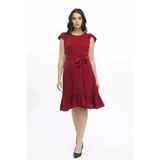 Arseno Kadın Bordo Sıfır Kol Omuz Detaylı Fırfırlı Kol Pileli Midi Elbise - Bordo - Arsno38x86z-1B00-38Brd