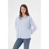 Arseno Kadın Mavi Çizgili Sırtı Düğme Detaylı Oversize Dokuma Gömlek - Mavi - Arsno51n86f-7X5-Mav