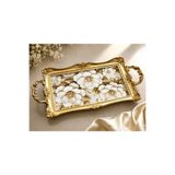 Arsimo Dekoratif Tepsi 50x26 cm - Gold Detaylı Çiçek Desenli Kulplu Sunum Tepsisi - Söz Nişan Tepsisi
