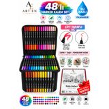Art-en 48 Li Çift Uçlu Fırça Uç Ve 0.4 Mm Fine Uçlu Marker Kalem seti Çantalı kalem Seti Keçeli kalem Seti