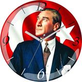 Art Hediye Atatürk Arkada Bayrak Çap 30CM Sessiz Akar Bombeli Gerçek Cam Duvar Saati