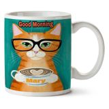 Art Hediye Good Morning Günaydın Kedi Gözlük Hipster Kedi İki Tarafı Baskılı Kupa Bardak